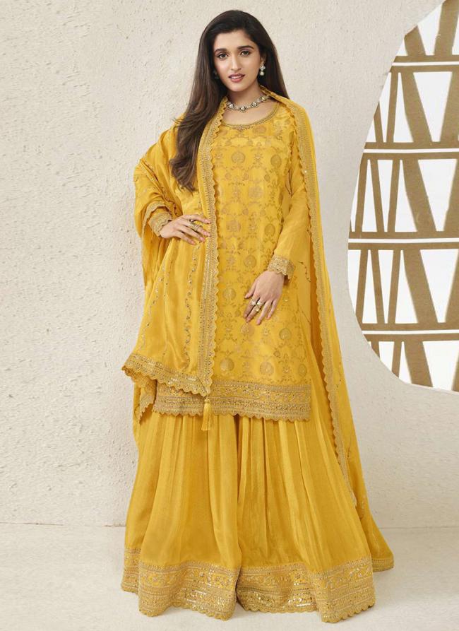 Viscose Chinnon Yellow Reception Wear Sequins Work Plazzo Suit